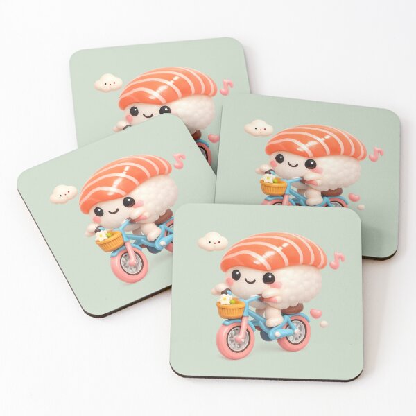 Item preview, Cute Sushi Riding Bicycle | Kawaii Fun Salmon Nigiri Sushi Character designed and sold by Moons Studio.