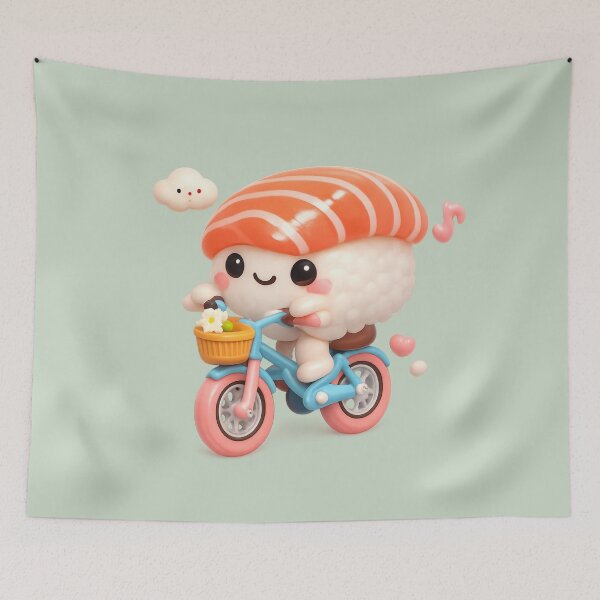 Item preview, Cute Sushi Riding Bicycle | Kawaii Fun Salmon Nigiri Sushi Character designed and sold by Moons Studio.