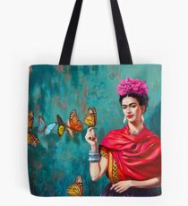 Frida Kahlo-Selbstporträt mit Schmetterlingen, rosa Blumen und grünem Türkishintergrundschmutz Tote Bag