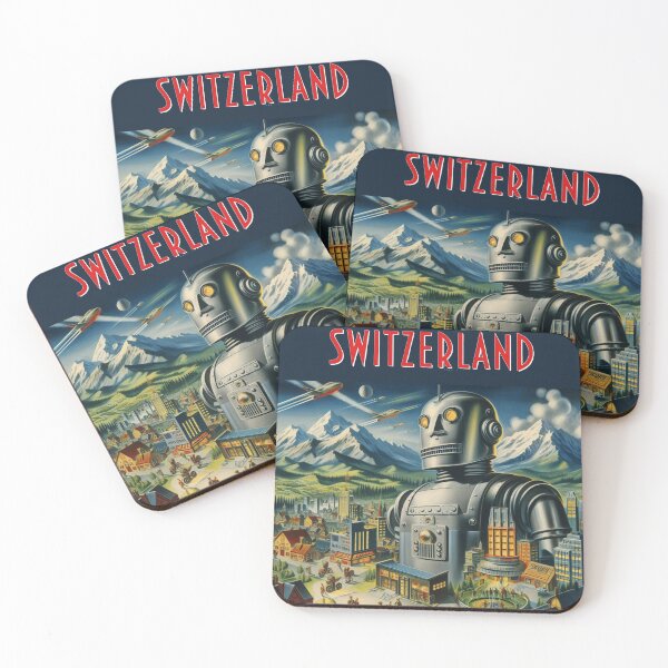 Item preview, Switzerland Vintage Travel Poster – Retro Futurist Robot Alpine Art Print designed and sold by DiamondSkyShirt.
