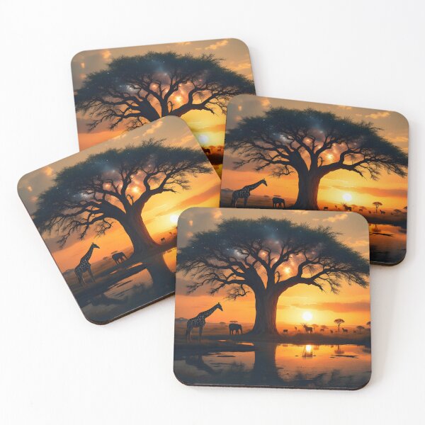 Item preview, African Tree of Life Sunset – Safari Wildlife Silhouette Art designed and sold by DreamyWallVibes.