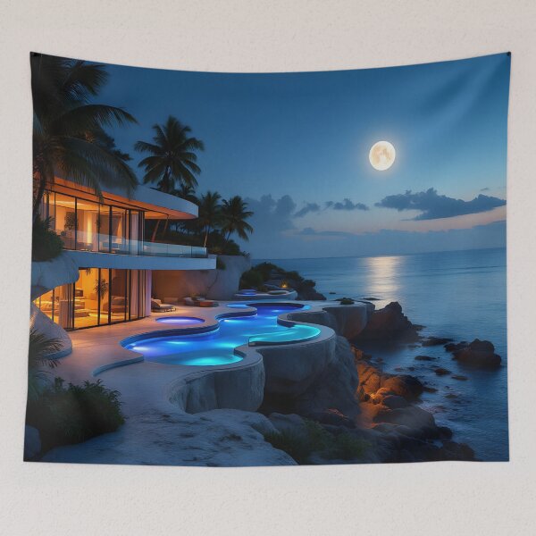 Item preview, Luxury Moonlit Villa – Modern Ocean Night Aesthetic designed and sold by DreamyWallVibes.