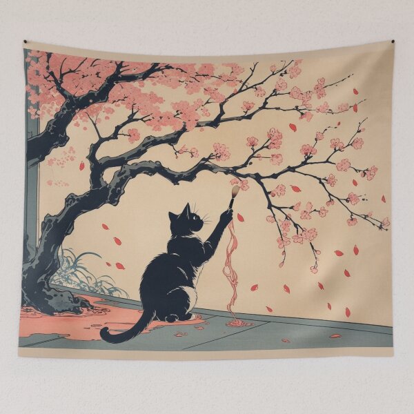 Item preview, Black Cat Painting Sakura Petals – Sakura Brush Cat Series designed and sold by LEO'S CREATURE　れおずくりーちゃー.