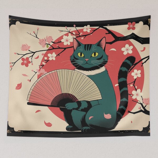 Item preview, Japanese Fan Cat with Sakura – Sakura Fan Cat Series designed and sold by LEO'S CREATURE　れおずくりーちゃー.