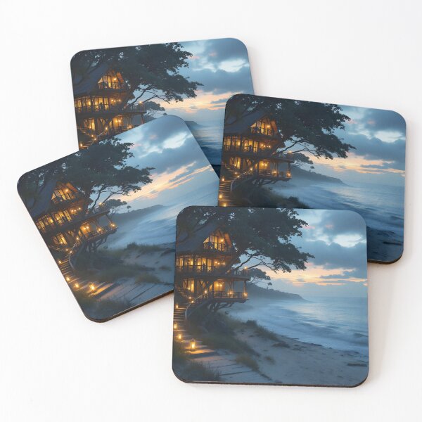 Item preview, Coastal Treehouse Overlooking the Ocean at Sunset designed and sold by DreamyWallVibes.