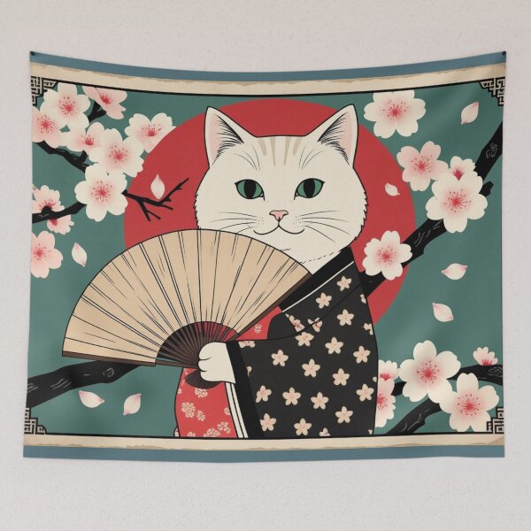 Item preview, Kimono White Cat with Sakura Fan – Sakura Fan Cat Series designed and sold by LEO'S CREATURE　れおずくりーちゃー.