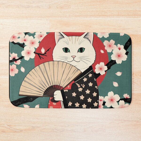 Item preview, Kimono White Cat with Sakura Fan – Sakura Fan Cat Series designed and sold by LEO'S CREATURE　れおずくりーちゃー.