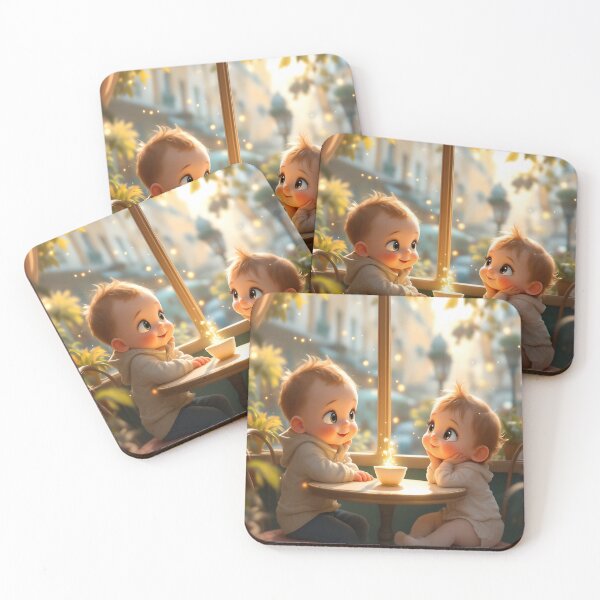 Item preview, Cozy Café Babies with Gold Dust – Warm Magical Moment designed and sold by DreamyWallVibes.