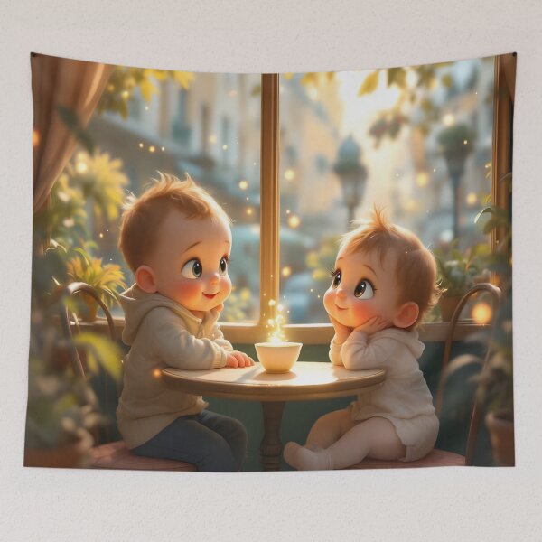Item preview, Cozy Café Babies with Gold Dust – Warm Magical Moment designed and sold by DreamyWallVibes.