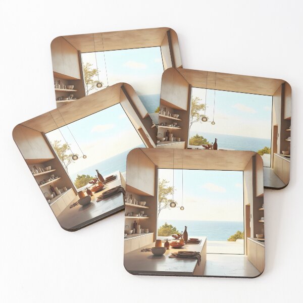 Item preview, Modern Coastal Kitchen Interior with Ocean View designed and sold by DreamyWallVibes.