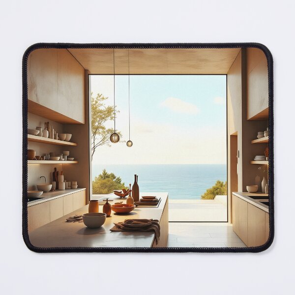 Item preview, Modern Coastal Kitchen Interior with Ocean View designed and sold by DreamyWallVibes.