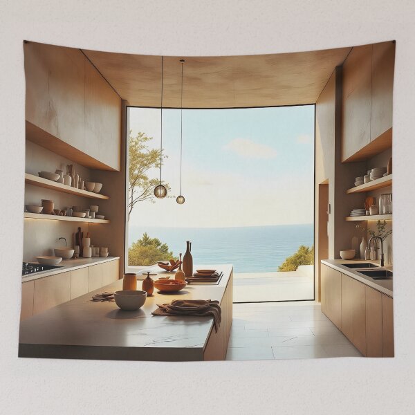 Item preview, Modern Coastal Kitchen Interior with Ocean View designed and sold by DreamyWallVibes.