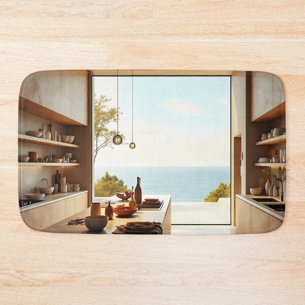 Item preview, Modern Coastal Kitchen Interior with Ocean View designed and sold by DreamyWallVibes.