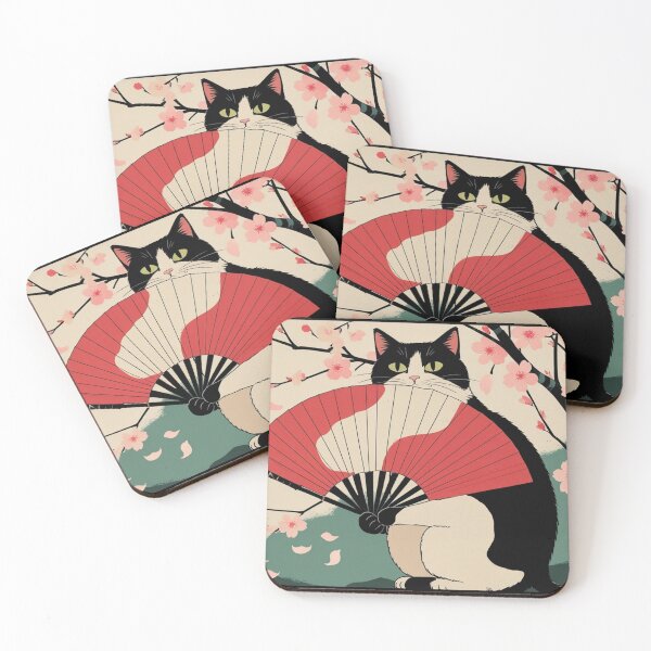Item preview, Tuxedo Cat with Sakura and Folding Fan – Sakura Fan Cat Series designed and sold by LEO'S CREATURE　れおずくりーちゃー.