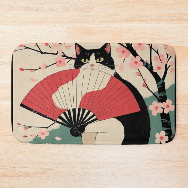 Item preview, Tuxedo Cat with Sakura and Folding Fan – Sakura Fan Cat Series designed and sold by LEO'S CREATURE　れおずくりーちゃー.