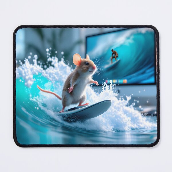 Item preview, Surreal Mouse Surfing Digital Waves – Whimsical Tech Art designed and sold by DreamyWallVibes.