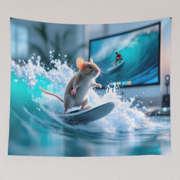 Item preview, Surreal Mouse Surfing Digital Waves – Whimsical Tech Art designed and sold by DreamyWallVibes.