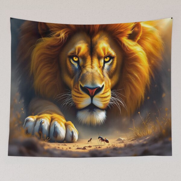 Item preview, Brave Tiny Ant Faces Majestic Lion - We Are All Equal - Epic Courage Wall Art designed and sold by DreamyWallVibes.
