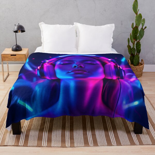 Item preview, Neon Music Meditation – Woman with Headphones Art designed and sold by DreamyWallVibes.