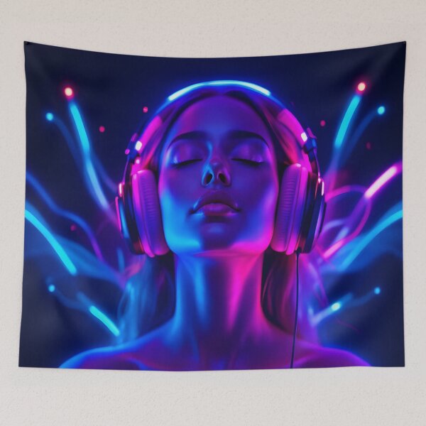 Item preview, Neon Music Meditation – Woman with Headphones Art designed and sold by DreamyWallVibes.