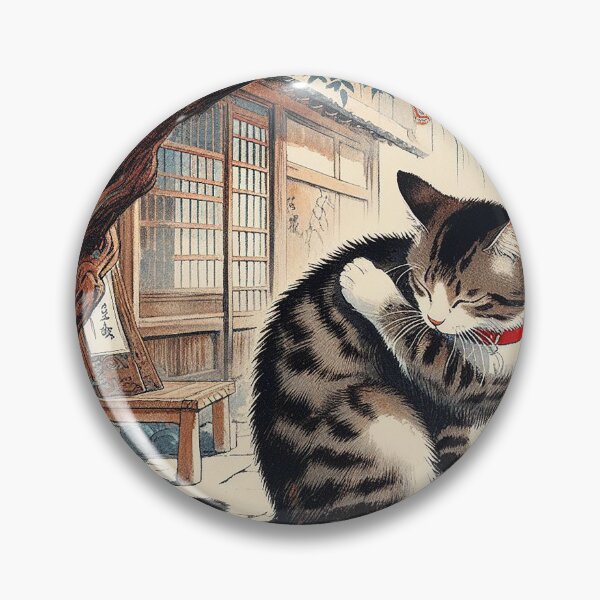 Item preview, Japanese Tabby Cat Under Maple Tree – Vintage Woodblock Style Illustration designed and sold by DiamondSkyShirt.