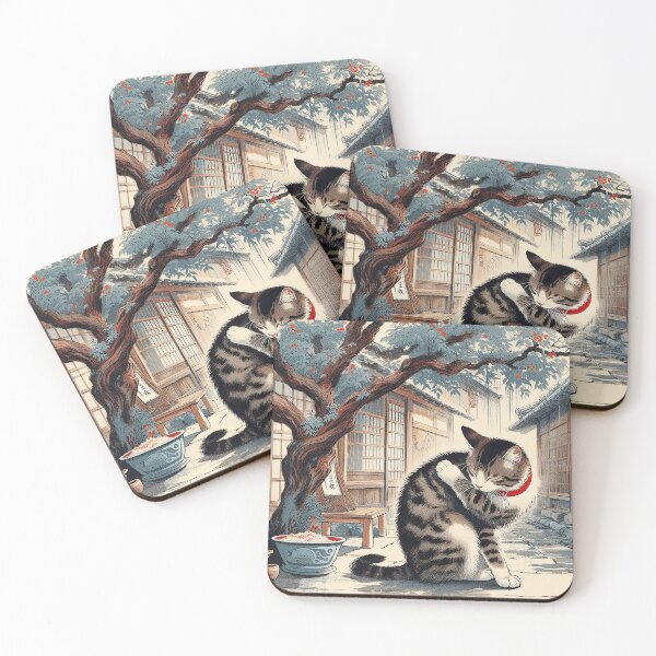 Item preview, Japanese Tabby Cat Under Maple Tree – Vintage Woodblock Style Illustration designed and sold by DiamondSkyShirt.
