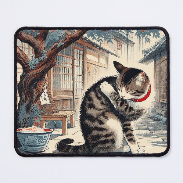 Item preview, Japanese Tabby Cat Under Maple Tree – Vintage Woodblock Style Illustration designed and sold by DiamondSkyShirt.