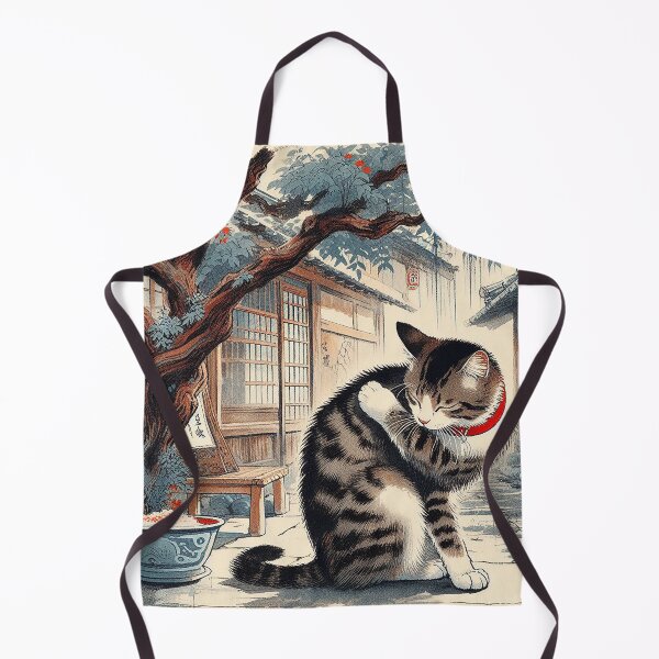 Item preview, Japanese Tabby Cat Under Maple Tree – Vintage Woodblock Style Illustration designed and sold by DiamondSkyShirt.