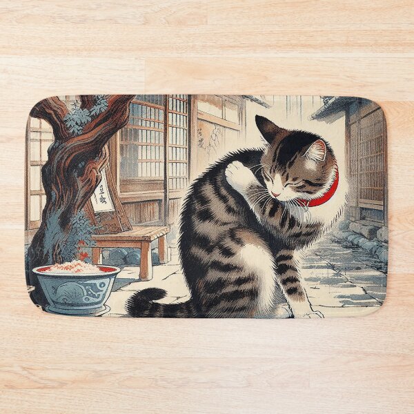 Item preview, Japanese Tabby Cat Under Maple Tree – Vintage Woodblock Style Illustration designed and sold by DiamondSkyShirt.