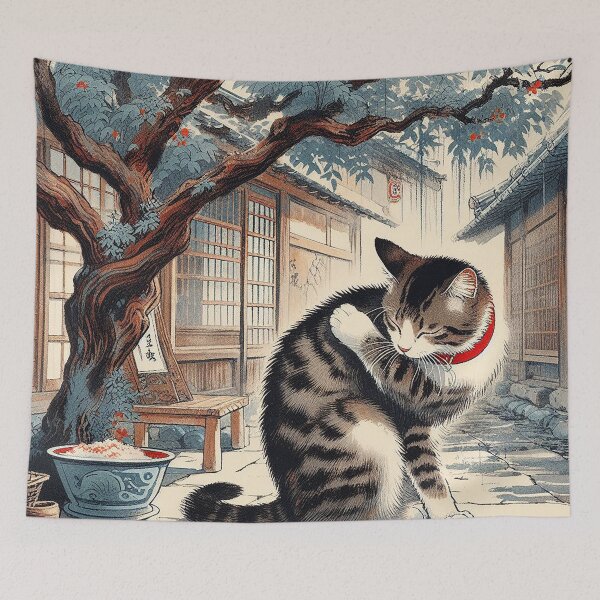 Item preview, Japanese Tabby Cat Under Maple Tree – Vintage Woodblock Style Illustration designed and sold by DiamondSkyShirt.