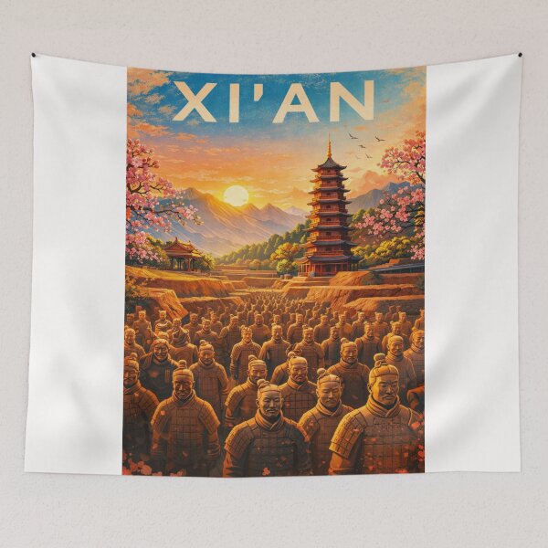Item preview, Terracotta Warriors of Xi’an in Front of Pagodas and Mountains in the Shaanxi Capital of Ancient China designed and sold by Places On Earth.