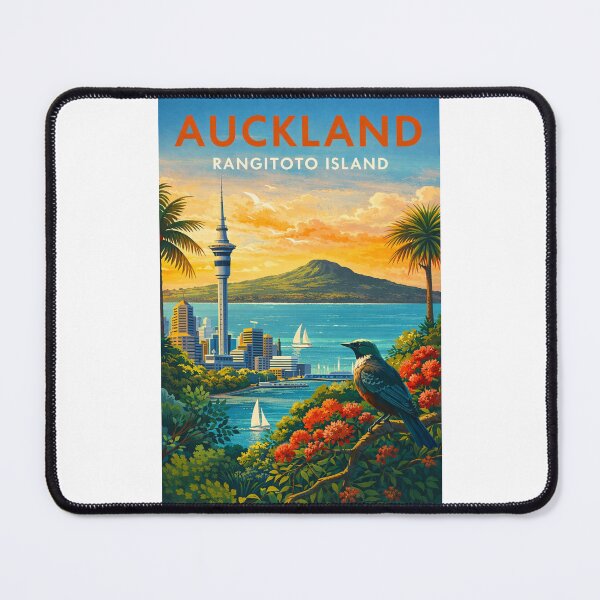 Item preview, Auckland Skyline and Rangitoto Island with Pohutukawa Trees and Tui Bird in the Auckland Region, New Zealand designed and sold by Places On Earth.