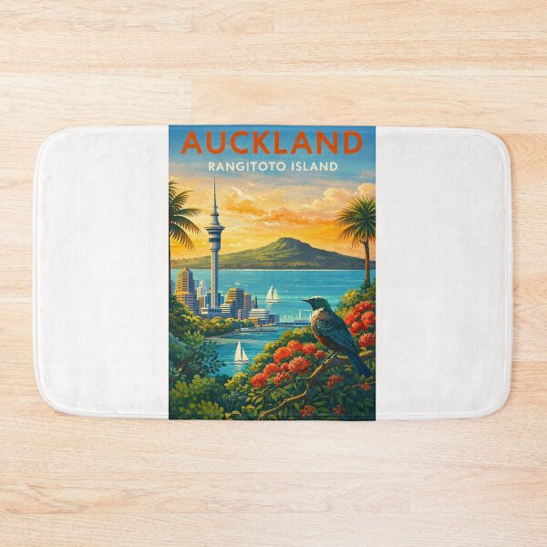 Item preview, Auckland Skyline and Rangitoto Island with Pohutukawa Trees and Tui Bird in the Auckland Region, New Zealand designed and sold by Places On Earth.