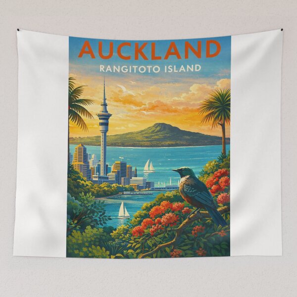 Item preview, Auckland Skyline and Rangitoto Island with Pohutukawa Trees and Tui Bird in the Auckland Region, New Zealand designed and sold by Places On Earth.