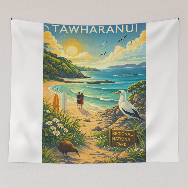 Item preview, Tāwharanui Regional Park Coastal Trail with Surfers, Native Birds, and Golden Beach in Auckland Region, New Zealand designed and sold by Places On Earth.