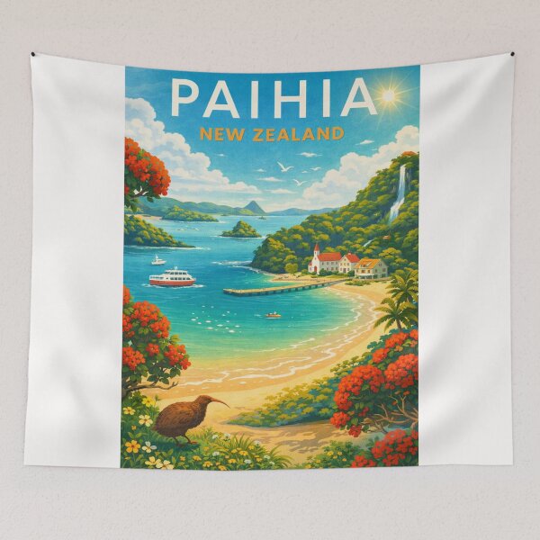 Item preview, Paihia Bay of Islands View with Kiwi Bird, Church, and Boats in Northland Region, New Zealand designed and sold by Places On Earth.
