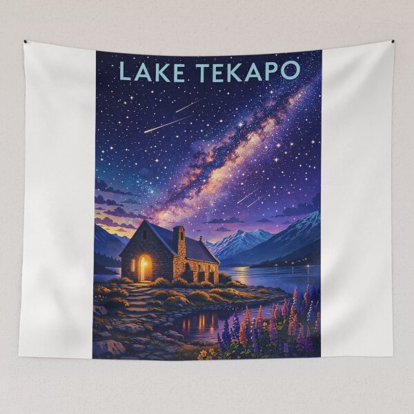 Item preview, Lake Tekapo Night Sky with Church of the Good Shepherd, Lupins, and Southern Alps in Mackenzie District, New Zealand designed and sold by Places On Earth.