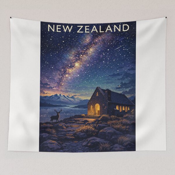 Item preview, Lake Tekapo Milky Way Sky with Church of the Good Shepherd and Deer in Mackenzie Basin, Canterbury Region, New Zealand designed and sold by Places On Earth.