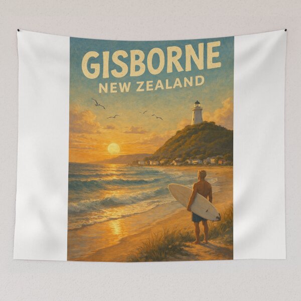 Item preview, Gisborne Surfer at Sunset with Lighthouse and Coastal Skyline in East Cape, Tairāwhiti Region, New Zealand designed and sold by Places On Earth.