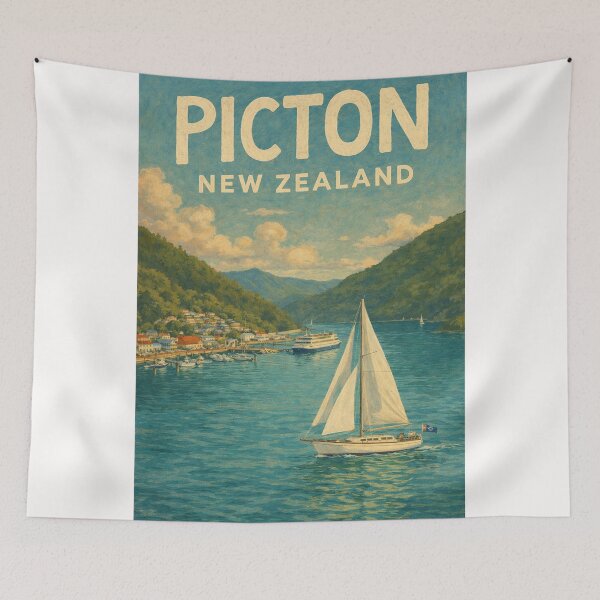 Item preview, Picton Waterfront with Sailboat, Ferry Terminal, and Forested Sounds in Marlborough Region, New Zealand designed and sold by Places On Earth.