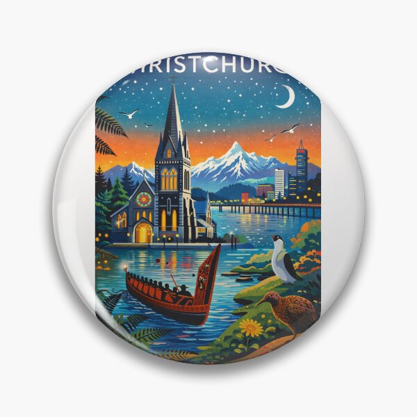 Item preview, Christchurch Night Skyline with Cathedral, Avon River, Māori Waka, and Southern Alps in Canterbury Region, New Zealand designed and sold by Places On Earth.