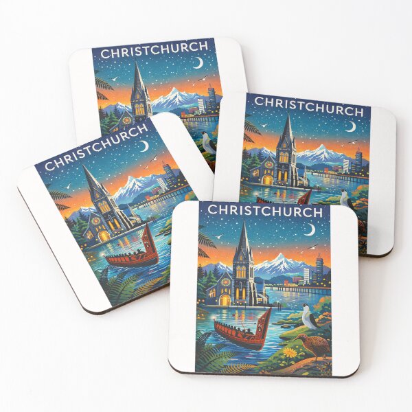Item preview, Christchurch Night Skyline with Cathedral, Avon River, Māori Waka, and Southern Alps in Canterbury Region, New Zealand designed and sold by Places On Earth.
