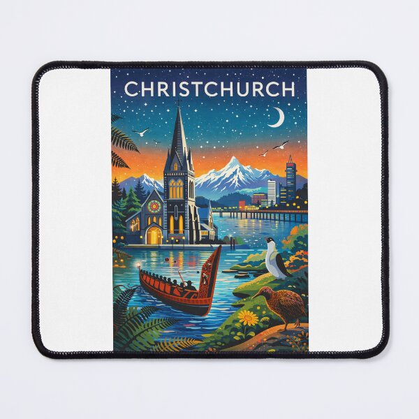 Item preview, Christchurch Night Skyline with Cathedral, Avon River, Māori Waka, and Southern Alps in Canterbury Region, New Zealand designed and sold by Places On Earth.