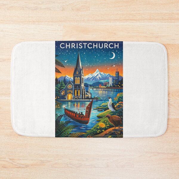 Item preview, Christchurch Night Skyline with Cathedral, Avon River, Māori Waka, and Southern Alps in Canterbury Region, New Zealand designed and sold by Places On Earth.