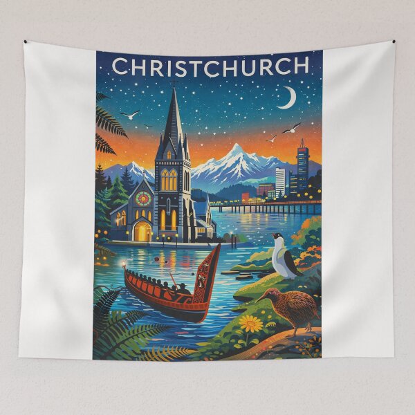 Item preview, Christchurch Night Skyline with Cathedral, Avon River, Māori Waka, and Southern Alps in Canterbury Region, New Zealand designed and sold by Places On Earth.