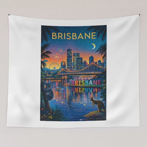 Item preview, Brisbane Riverfront at Night with Story Bridge, Skyscrapers, and Wildlife in Queensland, Australia designed and sold by Aryabek.