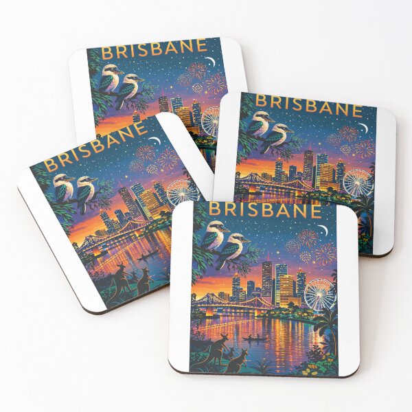 Item preview, Brisbane Skyline with Fireworks, Story Bridge, Wheel of Brisbane, and Native Wildlife in Queensland, Australia designed and sold by Aryabek.
