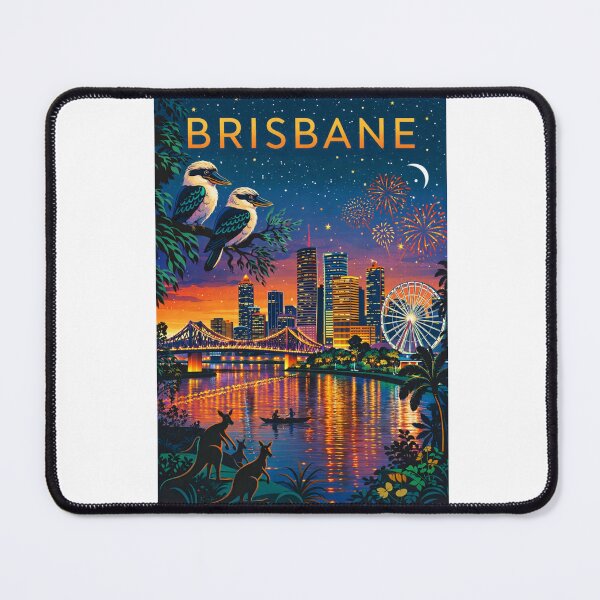 Item preview, Brisbane Skyline with Fireworks, Story Bridge, Wheel of Brisbane, and Native Wildlife in Queensland, Australia designed and sold by Aryabek.
