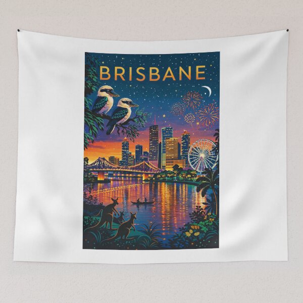 Item preview, Brisbane Skyline with Fireworks, Story Bridge, Wheel of Brisbane, and Native Wildlife in Queensland, Australia designed and sold by Aryabek.