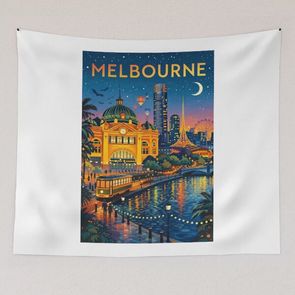 Item preview, Melbourne City View at Sunset with Flinders Street Station, Yarra River and Southbank in Victoria, Australia designed and sold by Aryabek.
